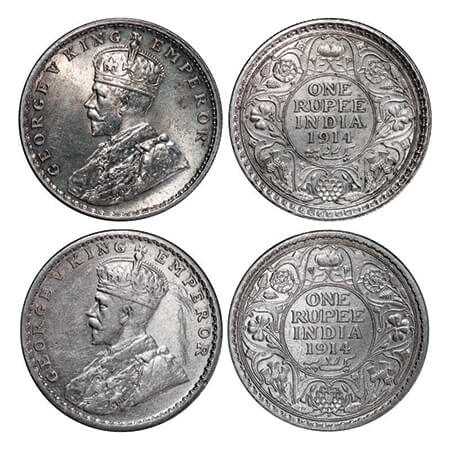 George V, Silver, Rupee, (2 coins), 1914, 1) Calcutta Mint, No dot, 2) Bombay Mint, Dot. G