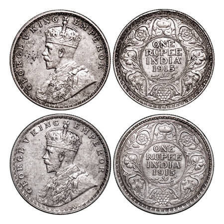 George V, Silver, Rupee, (2 coins), 1915, 1) Calcutta mint, No dot, 2) Bombay Mint, Dot. G