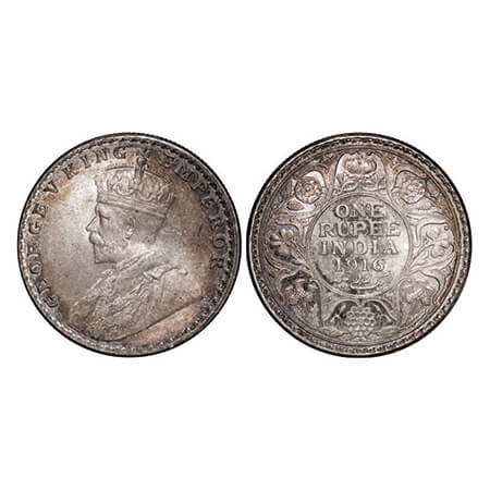 George V, Silver, Rupee, 1916, Bombay Mint, Dot. GK 1034. Uncirculated, Rainbow Toned. Sca