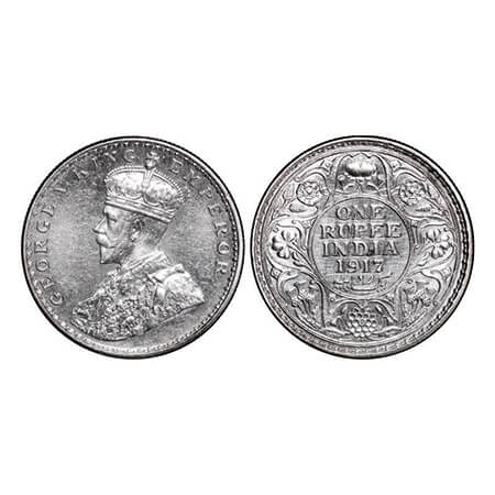 George V, Silver, Rupee, 1917, Bombay Mint, Dot. GK 1036. About Uncirculated. Scarce.