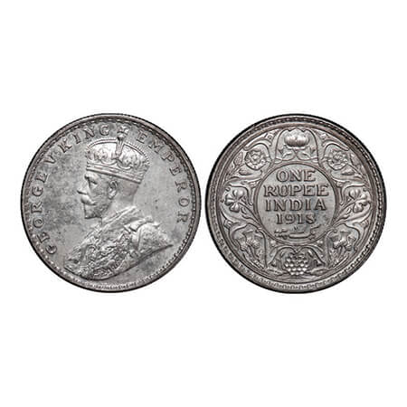 George V, Silver, Rupee, 1918, Bombay Mint, Dot. GK 1038. Almost Uncirculated. Scarce.