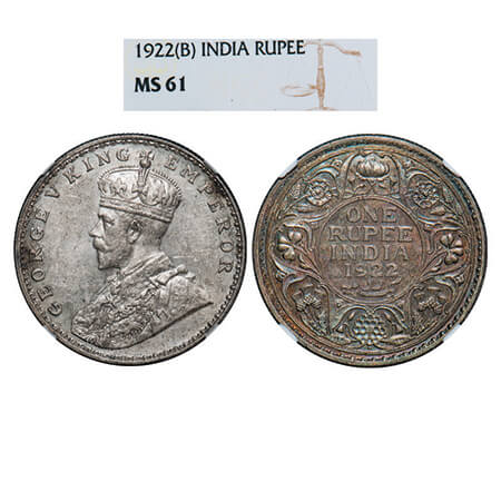 George V, Silver, Rupee, 1922, Bombay Mint, Dot. GK 1044. NGC Slabbed MS 61. Rare.