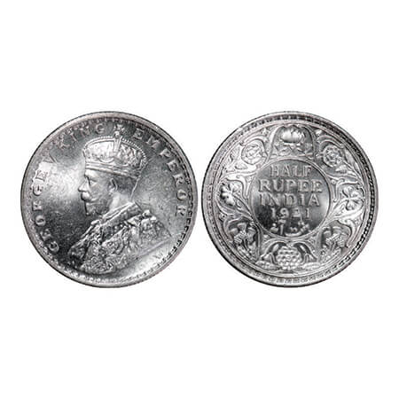 George V, Silver, Half Rupee, 1921, Calcutta Mint, No dot. GK 1058. Brilliant Uncirculated