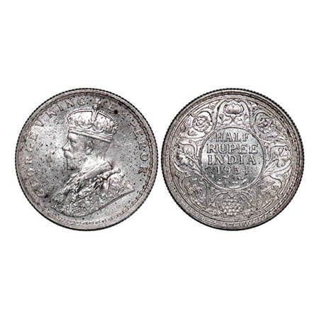 George V, Silver, Half Rupee, 1934, Calcutta Mint, No dot. GK 1074. Uncirculated. Scarce.