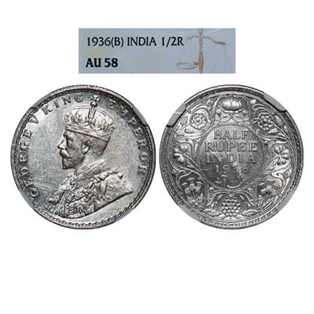 George V, Silver, Half Rupee, 1936, Bombay Mint, Dot. GK 1076. NGC Slabbed AU 58. Scarce.