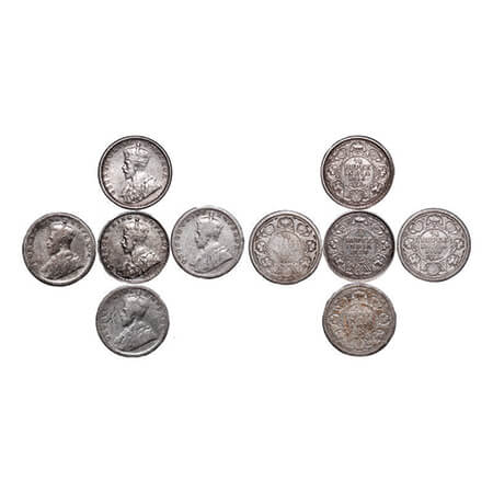 George V, Silver, 1/4 Rupee, (5 coins), Calcutta Mint, No dot, 1) 1916, 2 & 3) 1917, 4) 19