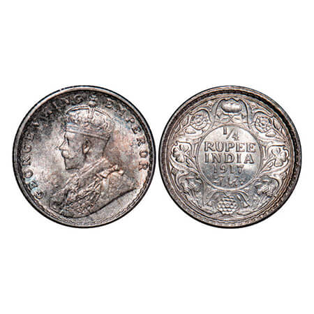 George V, Silver, 1/4 Rupee, 1917, Calcutta Mint, No dot. GK 1090. Uncirculated. Scarce.