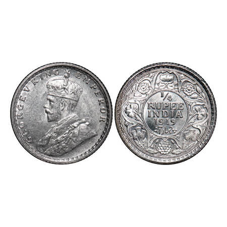 George V, Silver, 1/4 Rupee, 1919, Calcutta Mint, No dot. GK 1092. Brilliant Uncirculated.