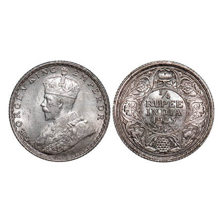 George V, Silver, 1/4 Rupee, 1925, Bombay Mint, Dot. GK 1093. Uncirculated, Rainbow Toned.