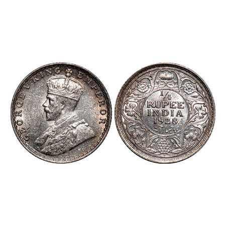 George V, Silver, 1/4 Rupee, 1928, Bombay Mint, Dot. GK 1095. Almost Uncirculated. Scarce.