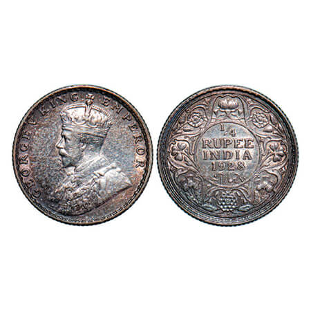 George V, Silver, 1/4 Rupee, 1928, Bombay Mint, Dot. GK 1095. Extremely Fine. Scarce.