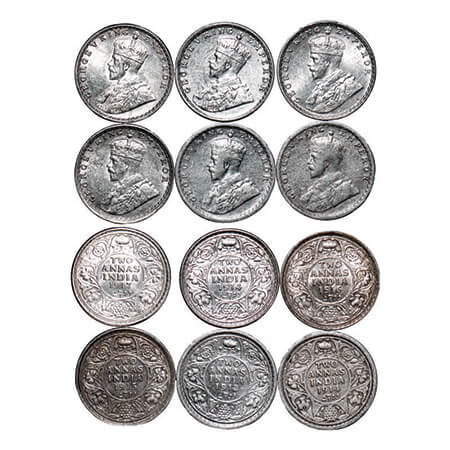 George V, Silver, 2 Annas, (6 coins), 1) 1912, Bombay Mint, Dot, 2) 1914, Calcutta Mint, N
