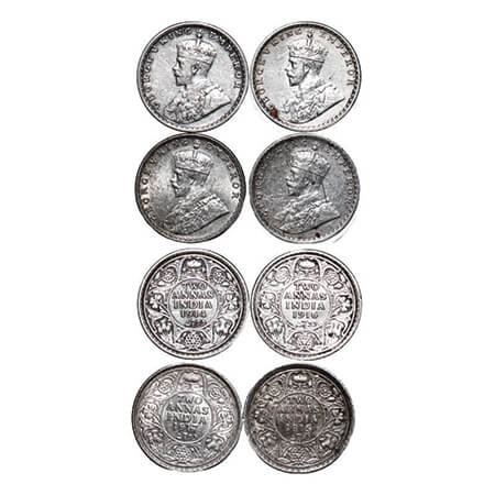 George V, Silver, 2 Annas, (4 coins), 1) 1914, Bombay Mint, Dot, 2) 1915, Bombay Mint, Dot