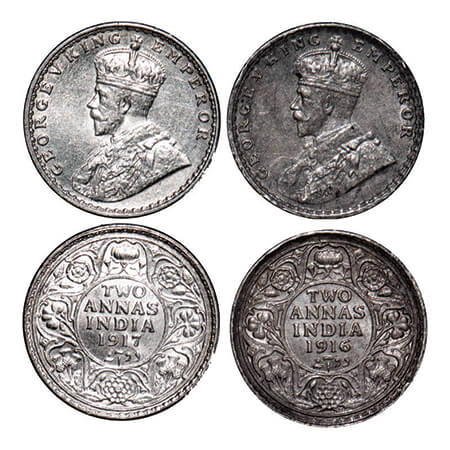George V, Silver, 2 Annas, (2 coins), 1916, 1917, Calcutta Mint, No dot. GK 1116, 1117. Un