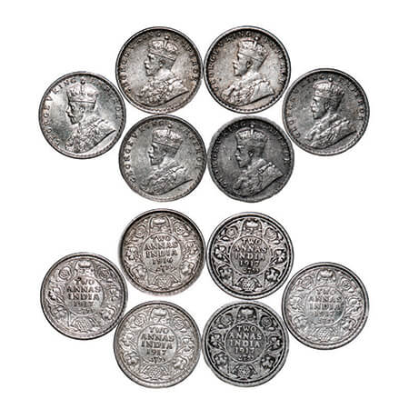 George V, Silver, 2 Annas, (6 coins), 1916, 1917(5), Calcutta Mint, No dot. GK 1116, 1117 