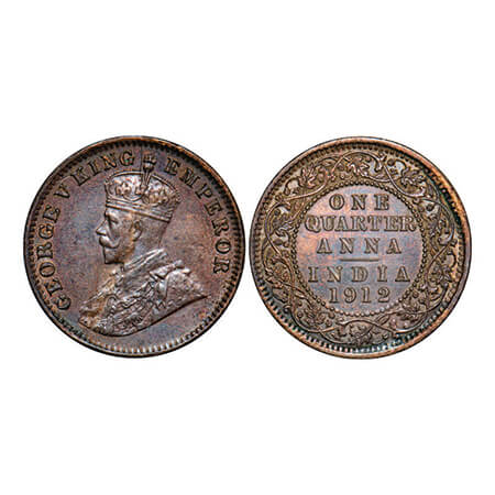 George V, Bronze, Quarter Anna, 1912, Calcutta Mint, No dot. GK 1172. Uncirculated. Scarce