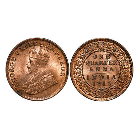 George V, Bronze, Quarter Anna, 1913, Calcutta mint, No dot, Alphabate 'A' of Anna seen on