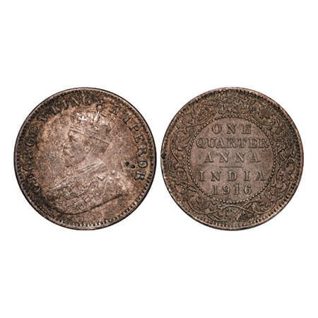 George V, Bronze, Quarter Anna, 1916, Calcutta mInt, No dot. GK 1175. Extremely Fine. Scar