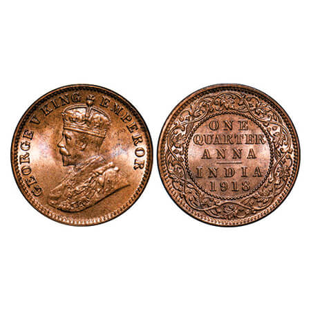 George V, Bronze, Quarter Anna, 1918, Calcutta Mint, No dot. GK 1177. Brilliant Uncirculat