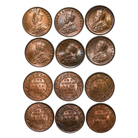 George V, Bronze, Quarter Anna, (Lot of 6 coins), 1) 1919, Calcutta Mint, No dot, 2) 1920,