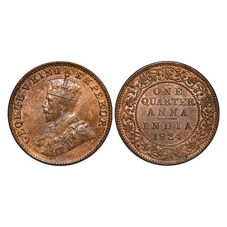 George V, Bronze, Quarter Anna, 1924, Bombay Mint, Dot. GK 1180. Uncirculated. Scarce.