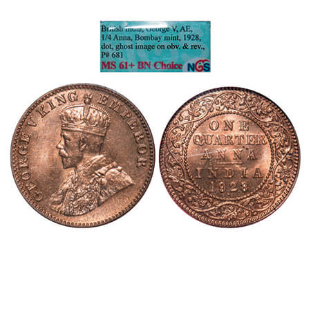 George V, Bronze, Quarter Anna, 1928, Bombay Mint, Dot, Ghost on Obv and Rev indicated on 