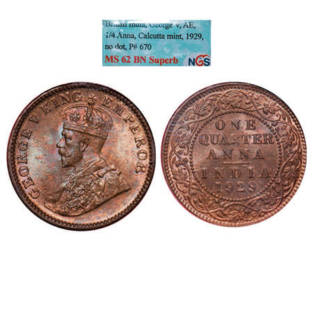 George V, Bronze, Quarter Anna, 1929, Calcutta Mint, No dot. GK 1189. NGS Slabbed MS 62 BN