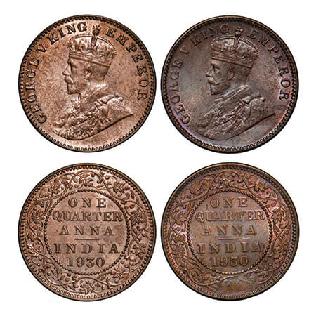 George V, Bronze, Quarter Anna, (2 coins), 1930, 1) Bombay Mint, dot, 2) Calcutta Mint, No
