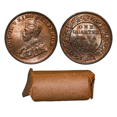 George V, Bronze, Quarter Anna, 1930, Bombay Mint, Roll of 32 coins in Brown paper. GK 119