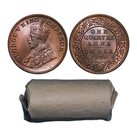 George V, Bronze, Quarter Anna, 1936, Calcutta Mint, No dot. Roll of 32 coins in brown pap