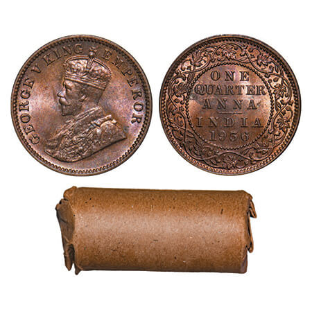 George V, Bronze, Quarter Anna, 1936, Calcutta Mint, Roll of 32 coins in Brown paper. GK 1