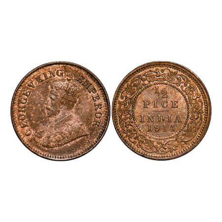 George V, Bronze, 1/2 Pice, 1914, Calcutta Mint, No mint mark. GK 1200. Uncirculated. Scar
