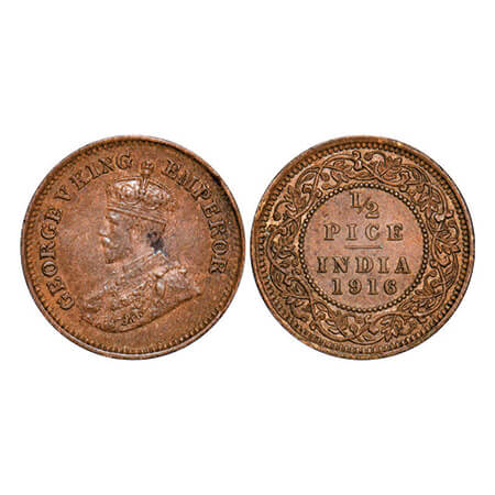 George V, Bronze, 1/2 Pice, 1916, Calcutta Mint, No mint mark. GK 1202. Uncirculated. Scar