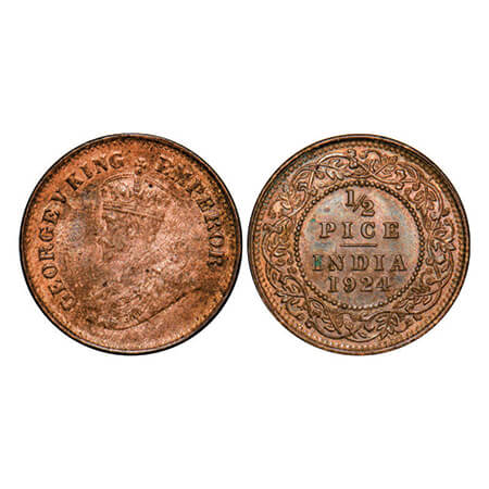 George V, Bronze, 1/2 Pice, 1924, Calcutta Mint, No mint mark. GK 1210. Almost Uncirculate