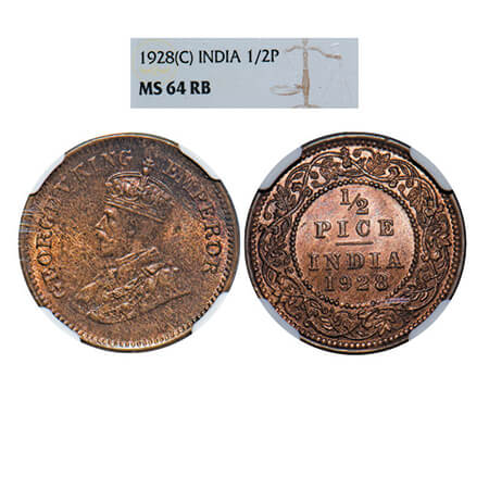 George V, Bronze, 1/2 Pice, 1928, Calcutta Mint, No mint mark. GK 1214. NGC Slabbed MS 64 