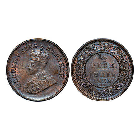 George V, Bronze, 1/2 Pice, 1932, Calcutta Mint, No mint mark. GK 1218. Uncirculated. Scar