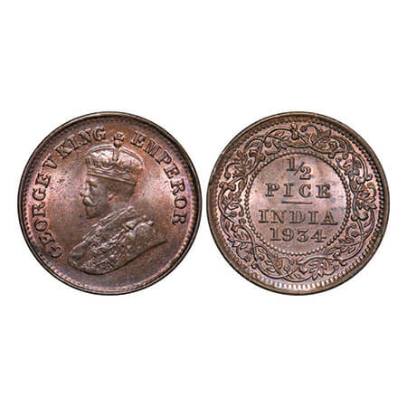 George V, Bronze, 1/2 Pice, 1934, Calcutta Mint, No mint mark. GK 1220. Uncirculated. Scar