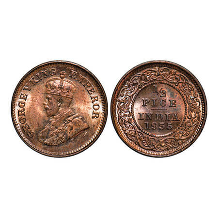 George V, Bronze, 1/2 Pice, 1935, Calcutta Mint, No mint mark. GK 1221. Mint State. Scarce