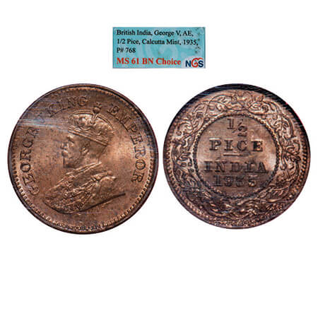George V, Bronze, 1/2 Pice, 1935, Calcutta Mint, No mint mark, Ghost on Rev. GK 1221. NGS 