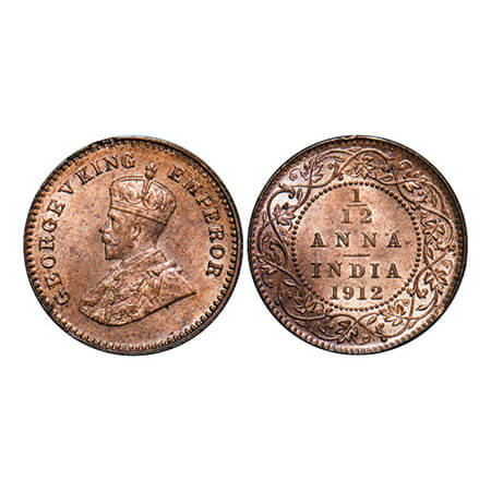 George V, Bronze, 1/12 Anna, 1912, Calcutta Mint, No dot. GK 1223. Brilliant Uncirculated.