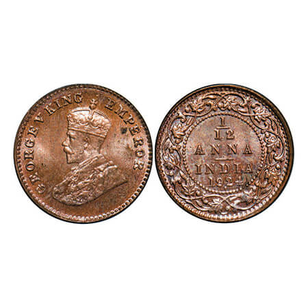 George V, Bronze, 1/12 Anna, 1924, Bombay Mint, Dot. GK 1235. Brilliant Uncirculated. Scar
