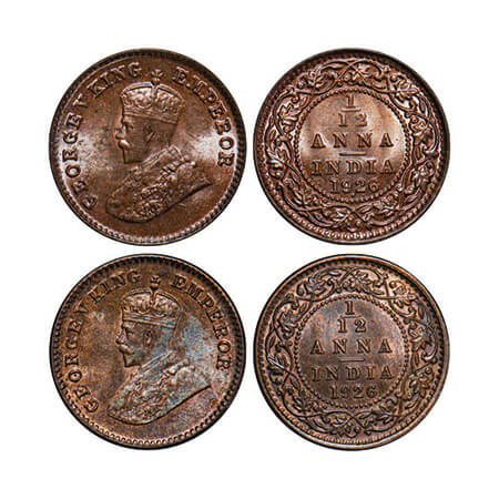 George V, Bronze, 1/12 Anna, ( 2 coins), 1926, 1) Bombay Mint, Dot, 2) Calcutta Mint, No d