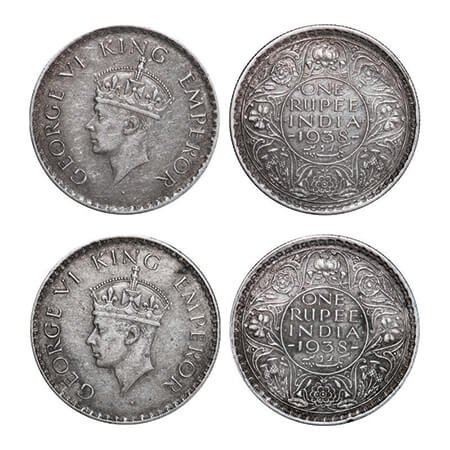 George VI, Silver, Rupee, (2 coins), 1938, Bombay Mint, A/I, Milled edge, 1) No dot, Nick 