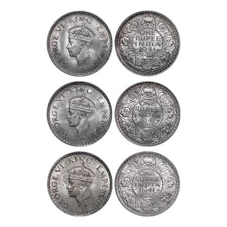 George VI, Half Silver, Rupee, (3 coins), 1941, Bombay Mint, A(a)/I, Dot, 1) Border teeth 