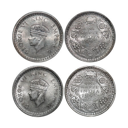 George VI, Half Silver, Rupee, (2 coins), 1942, Bombay Mint, 1) B/II, Diamond, Security ed