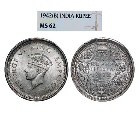 George VI, Half Silver, Rupee, 1942, Bombay Mint, B(a)/II, Diamond, Security edge. GK 1264