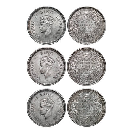 George VI, Half Silver, Rupee, (3 coins), 1943, Bombay Mint, 1) B(a)/II, Diamond, Security