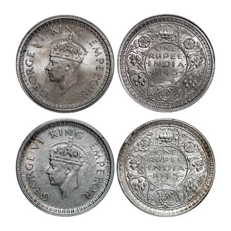 George VI, Half Silver, Rupee, (2 coins), 1945, 1) Bombay Mint, D/II, Dot, Security edge, 