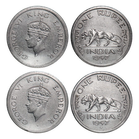 George VI, Nickel, Rupee, (2 coins), 1947, Bombay Mint, E/IV, Diamond, Security edge, 1) S