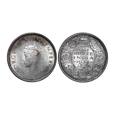 George VI, Silver, Half Rupee, 1938, Bombay Mint, A/I, Dot, Head Type I, Milled edge. GK 1